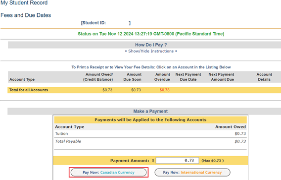 Screen shot of Fees and Due Dates